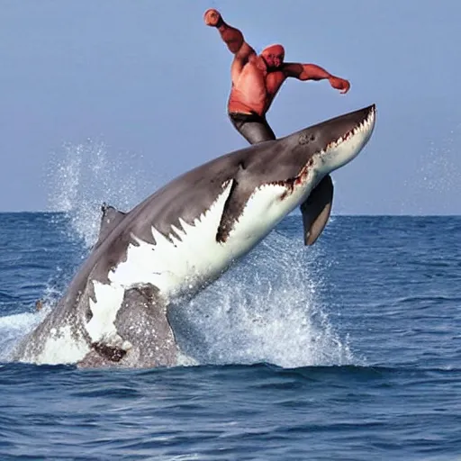 Prompt: professional wrestler hulk hogan riding on a great white shark