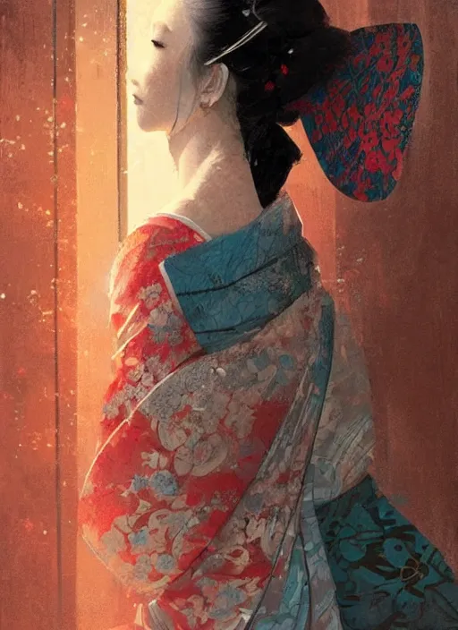 Image similar to female geisha girl, beautiful face, colourful, rule of thirds, intricate outfit, spotlight, by greg rutkowski, by jeremy mann, digital painting