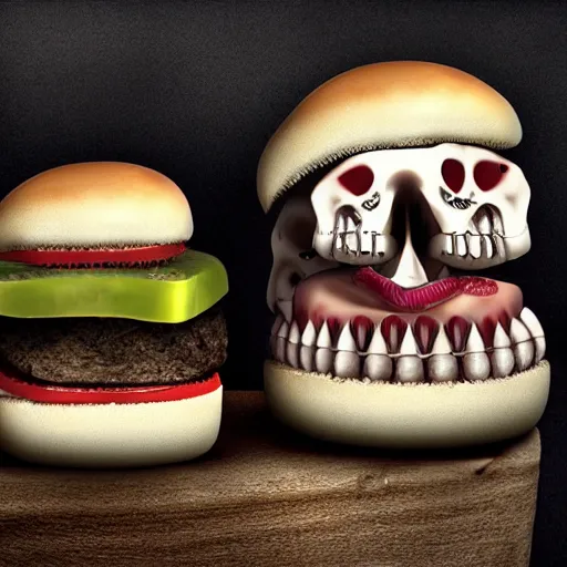 Prompt: hamburger made out of teeth and bones, terrifying, photorealistic, cinematic, horrendous, ugly