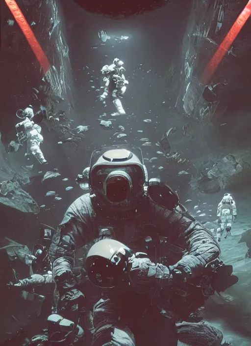 Image similar to astronauts in dark and empty void underwater - complex and hyperdetailed technical suit. reflection and dispersion materials. rays and dispersion of light. volumetric light. 5 0 mm, f / 3 2. noise film photo. flash photography. ultra realistic, wide angle. poster by wayne barlowe, hajime sorayama aaron horkey, craig mullins