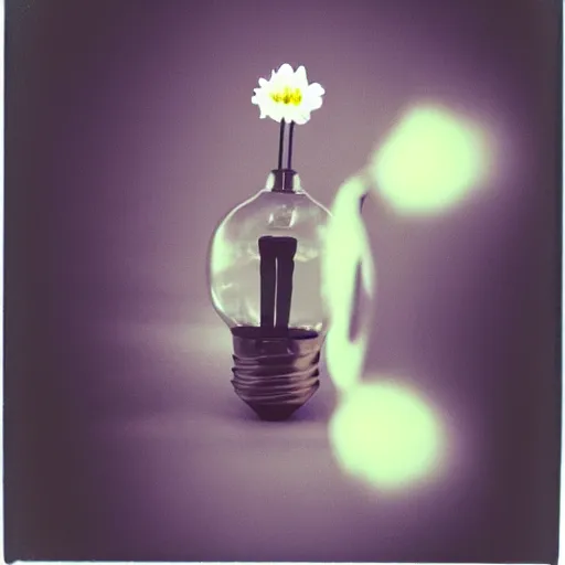 Image similar to a glowing lightbulb, a flower inside, polaroid photo, surreal,