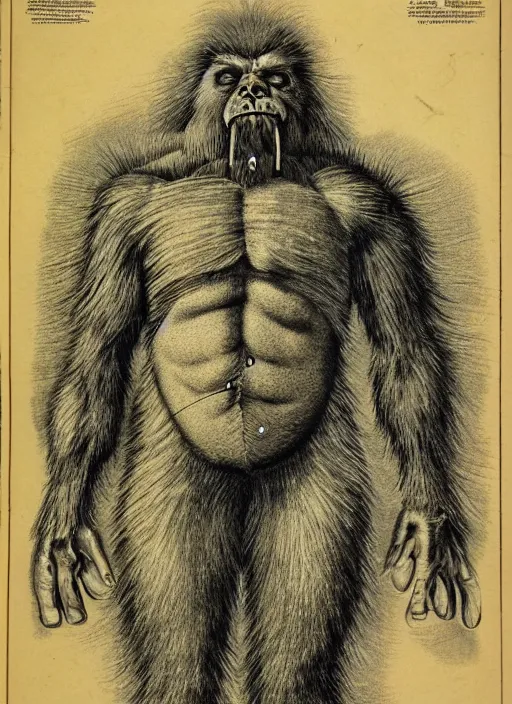 Image similar to vintage medical anatomical illustration of sasquatch, highly detailed, labels, intricate writing