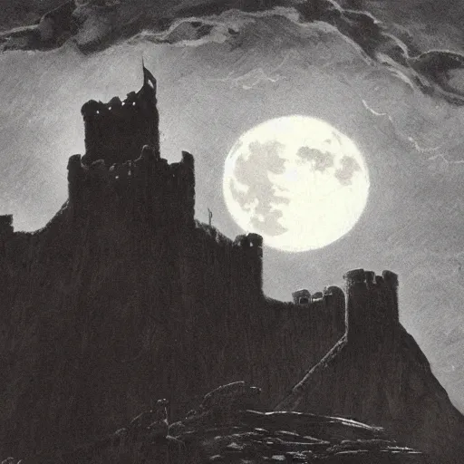 Prompt: an evil castle on a cliff above the ocean, night time, full moon, frank frazetta