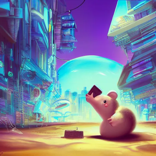 Prompt: a fat sand mouse with a kippah conducting a physics research, colorful digital art, cyberpunk, highly detailed, award winning, trending on artstation