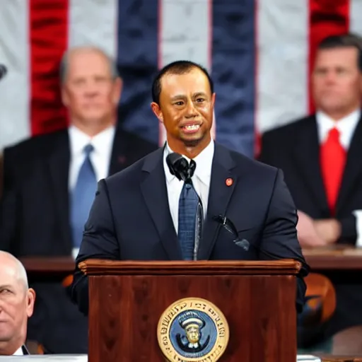 Image similar to tiger woods giving the state of the union address as president of the united states of america. ultra realistic. 4 k.