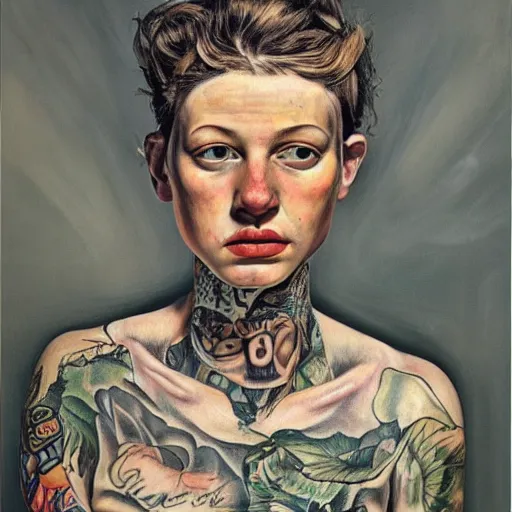 Image similar to high quality high detail painting by lucian freud, hd, exaggerated portrait of punk tattooed girl, photorealistic lighting