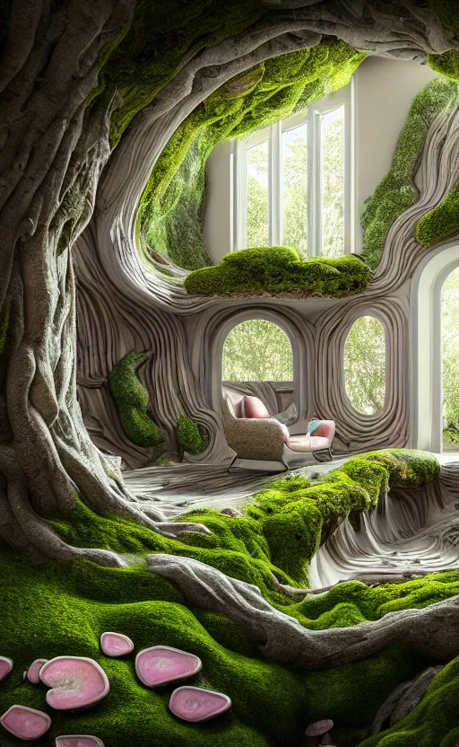 Image similar to highly detailed villa natural beautiful light interior soft cinematic composition of a smooth ceramic porcelain biomorphic magnolia stone nebula fluid sci - fi surreal colorful architecture landscape, furniture, granite, trees, marble, moss, lichen, fungi, vincent callebaut composition, mamou - mani, archviz, 8 k, unreal engine, hdr