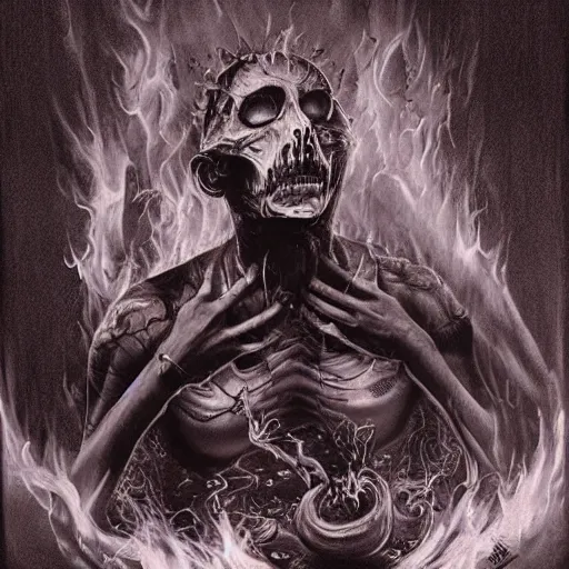 Prompt: my heart is on fire as i'm burning alive, trapped in my mind nightmare horrifying artwork by nekro, borja, syd mead, zdislaw cosmic horror charcoal artwork, surreal existentialism