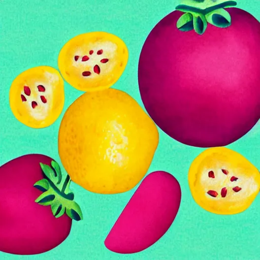 Prompt: retro, hd illustration of watermelons, passion fruit, big yellow lemons, mint leaves, ice cubes, inspired by watercolor masterpieces, matisse, malevich, david hockney, keith haring, colorful, happy, trending on artstation, 4 k
