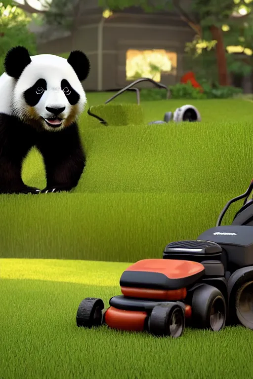 Image similar to a panda is pushing an oldshool lawn mower mowing his lawn, suburban garden, golden hour, cgsociety and beeple highly detailed, cinematic lighting, illustration, art, octane render, unreal engine lumen, very coherent. cinematic, hyper realism, high detail, octane render, 8 k