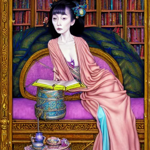 Image similar to a detailed fantasy pastel portrait of a woman wizard in ornate clothing lounging on a purpur pillow on the marble floor in front of her bookcase in a room, reading an ancient tome. to the side is a potted plant, moody light. ancient retrofuturistic setting. 4 k key art. raytracing, perspective, by chie yoshii and yoshitaka amano.