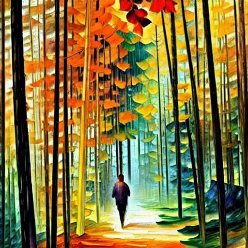 Image similar to a person walking through a forest, art by ivan bilibin and giacomo balla and leonid afremov,