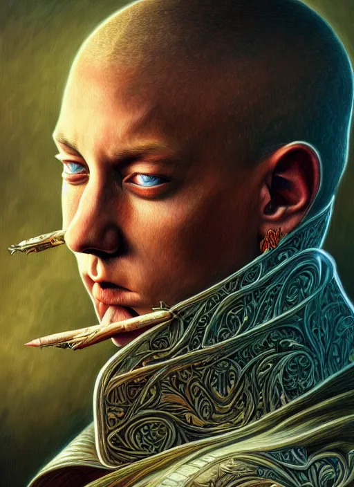 Prompt: : eminem fantasy, fantasy magic,  , intricate, sharp focus, illustration, highly detailed, digital painting, concept art, jahbu art and Paul lewin and kehinde wiley, masterpiece