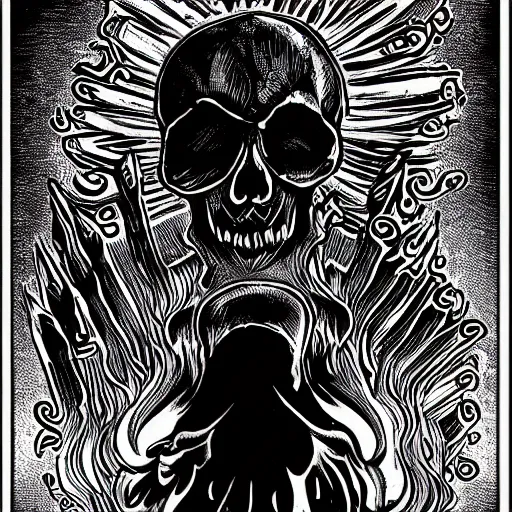 Image similar to a person with a mushroom cloud instead of a head, skull explosion, dark, fine detail heavy metal gritty style