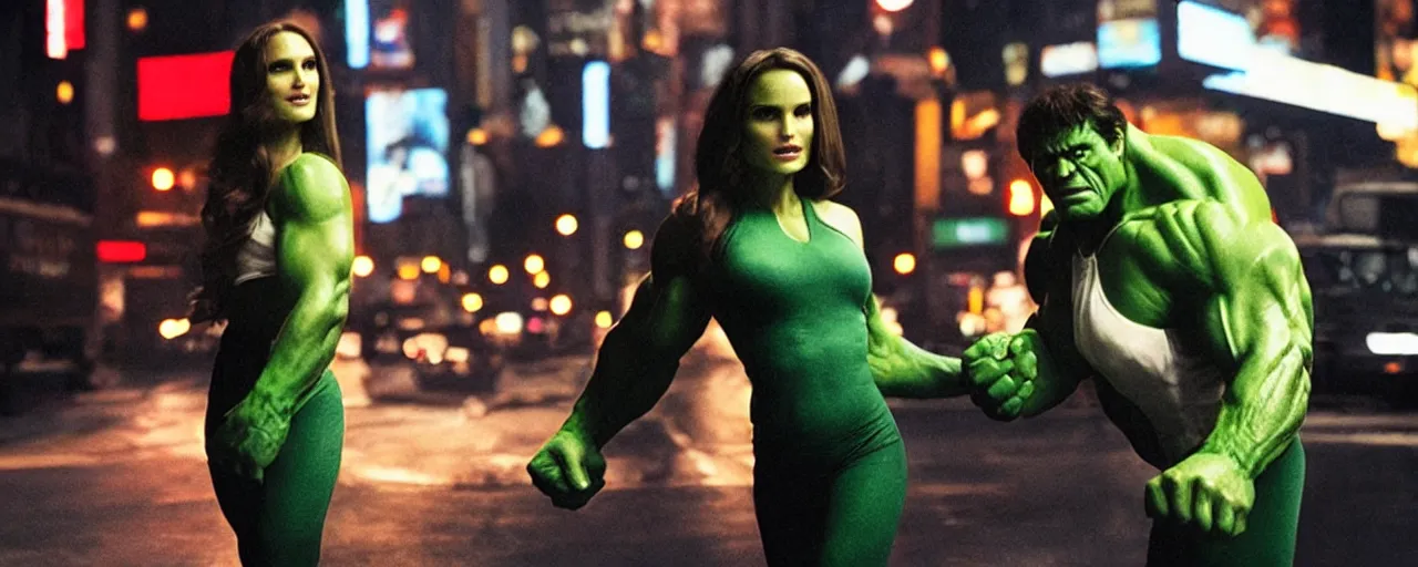 Prompt: “ the incredible hulk with the face of natalie portman, film still, studio lighting, on a busy street of new york city ”