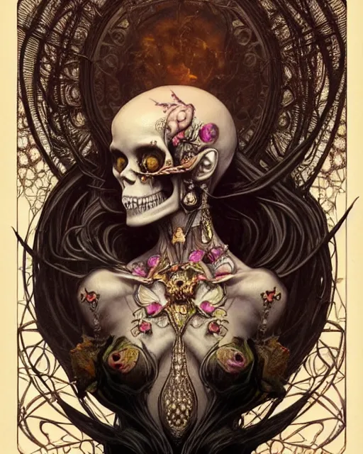 Image similar to perfectly centered portrait front view of a angry dead rotten beautiful female skull growing ornamentation all around, ornate, ornaments, detailed, symmetrical, elegant, beautifully soft lit, by wayne barlowe, peter mohrbacher, kelly mckernan, alphonse mucha