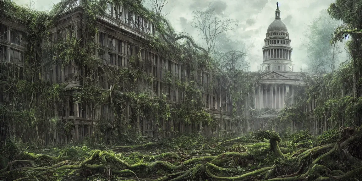 Image similar to An overgrown, swampy Washington D.C.. Buildings covered in vines, gigantic trees from the ground. Crumbled ruins of governmental buildings in a post-apocalyptic world. Life after People. Trending on Artstation, deviantart, worth1000. By Greg Rutkowski. National Geographic and iNaturalist HD photographs