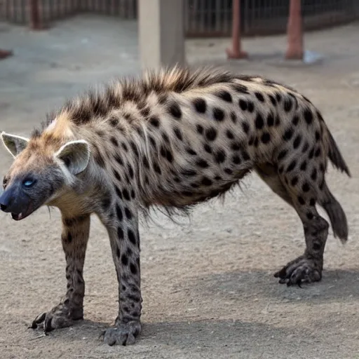 Prompt: hyena and robot hybrid, half robot half hyena, realistic proportions, picture taken in zoo, highly detailed