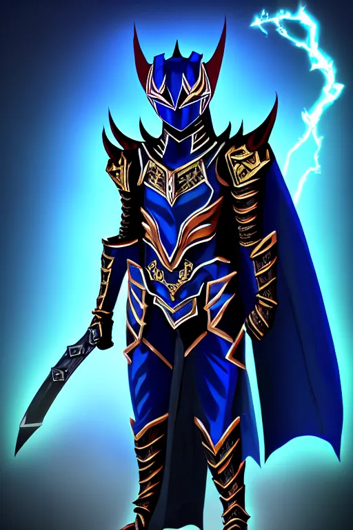 Image similar to High Fantasy Kamen Rider with a flowing cape, single character full body, 4k, rock quarry location, daytime, glowing eyes, rubber suit, dark blue segmented armor, fantasy inspired segmented dragon armor, ultra realistic, high quality, cinematic, centered, cinematography