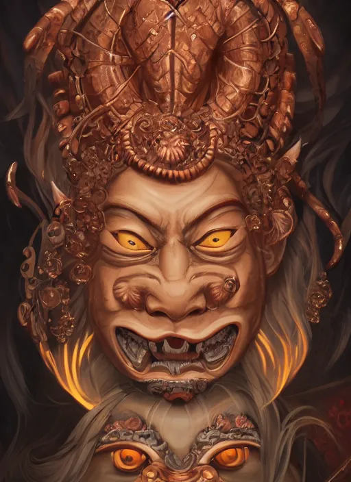 Image similar to a beautiful detailed oil on copper art illustration of a oni hannya mask shogun devil woman, centered, by charlie bowater, zeng fanzh, trending on artstation, dim dusk lighting, cinematic lighting, detailed lighting, volumetric lighting, realistic, f 8, 4 k hd wallpaper