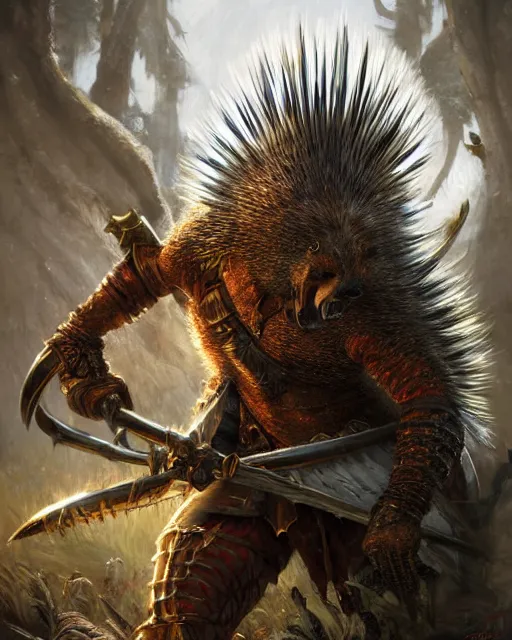 Image similar to Porcupine warrior in armor, portrait, woodlands, magic the gathering artwork, D&D, fantasy, cinematic lighting, centered, symmetrical, highly detailed, digital painting, artstation, concept art, smooth, sharp focus, illustration, volumetric lighting, epic Composition, 8k, art by Akihiko Yoshida and Greg Rutkowski and Craig Mullins, oil painting, cgsociety