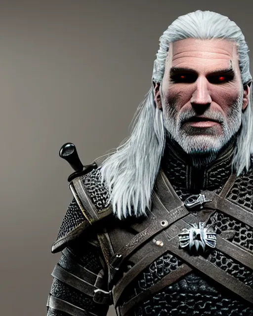 Image similar to geralt of rivia as a muppet. highly detailed felt. hyper real photo. 4 k.