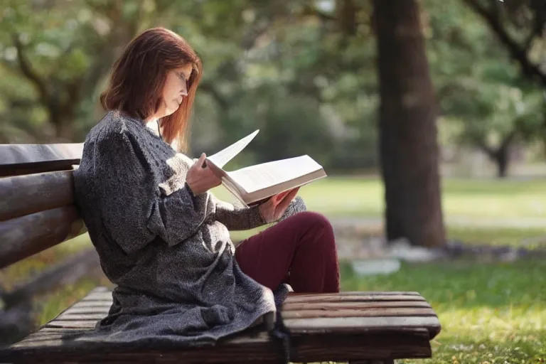 Prompt: Flim still of a woman reading a book, sitting on a bench, long shot, wide shot, full shot