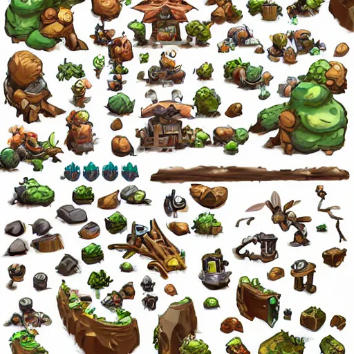 Prompt: A game assets spritesheet by dofus by Stanley Artgerm Lau, Joe Madureira and Nadezhda Tikhomirova . HD vector Containing modular props, terrain, trees, 2d side view, platform, vector art, very detailed