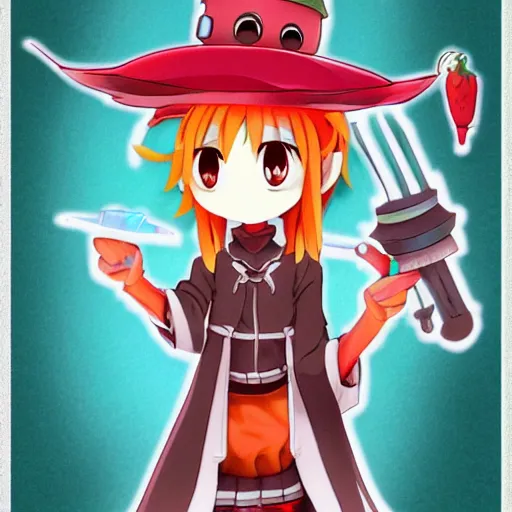 Image similar to cute android humanoid with big tomato hat and a carrot sword, made in abyss style