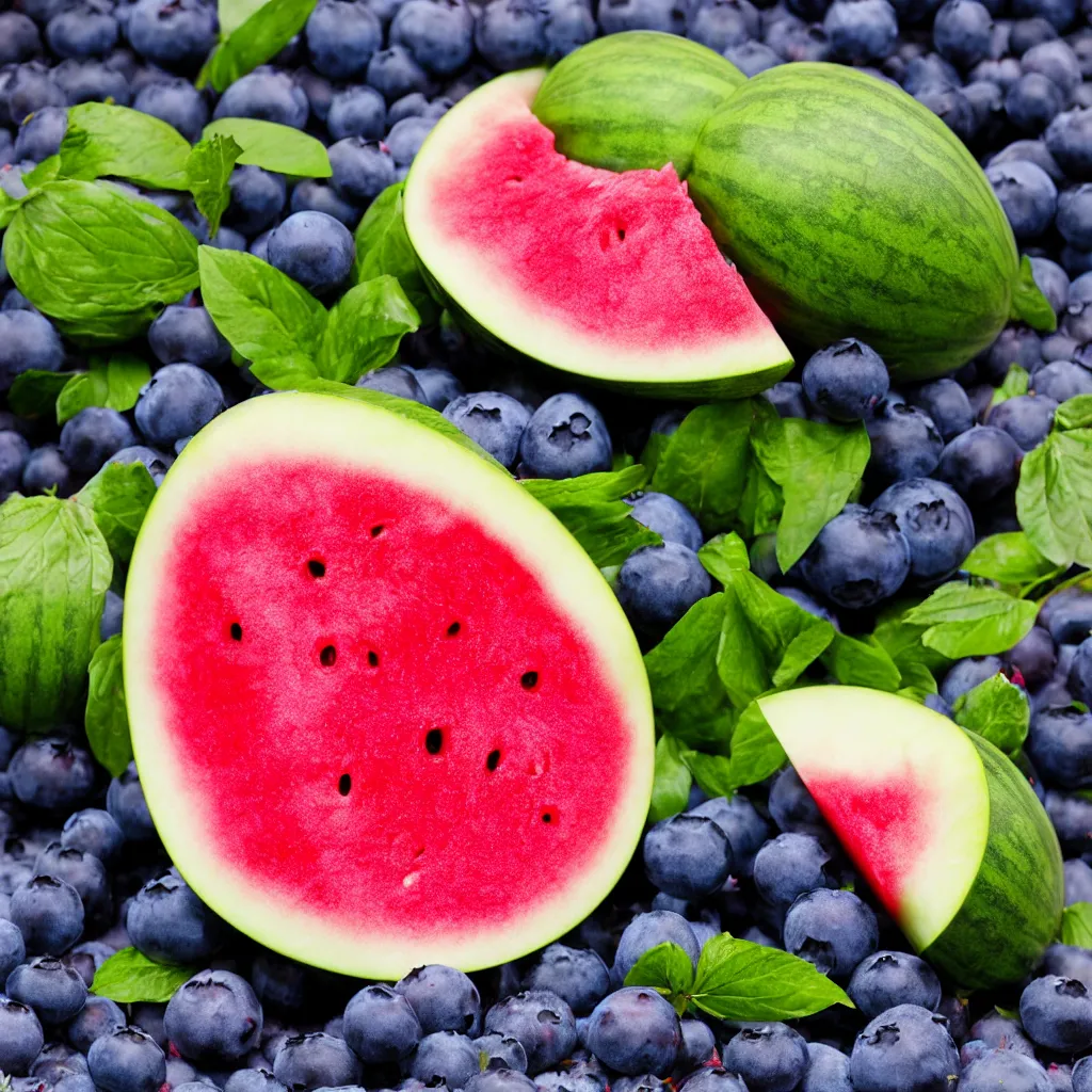 Image similar to blueberry that looks like a watermelon, hyper real, food photography, high quality