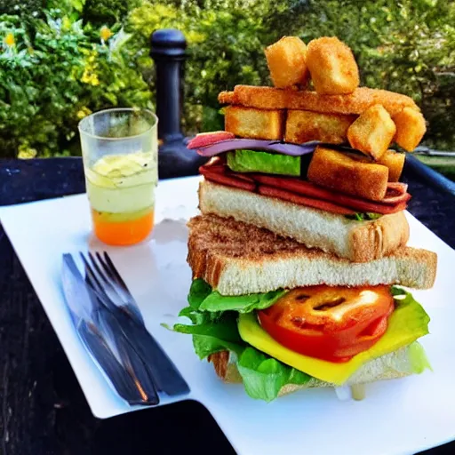 Image similar to sandwich with fried tofu, also one tomato slice, two onion rings, avocado and cheddar, over a dish and over a table, outside with a sunsed and rainbow in the background with saturn and stars in the sky, amazing light