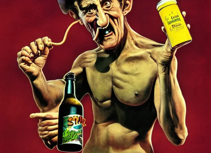 Image similar to barry chuckle chugging a bottle of snake oil, artwork by richard corben, 3 d, high resolution 8 k