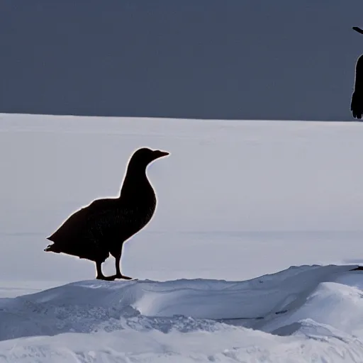 Image similar to a canada goose standing on darth Vader's shoulders in the death stat