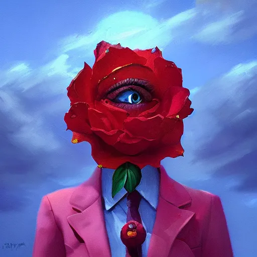 Prompt: closeup, giant rose flower face, frontal, girl in a suit, surreal photography, sunrise, blue sky, dramatic light, impressionist painting, digital painting, artstation, simon stalenhag