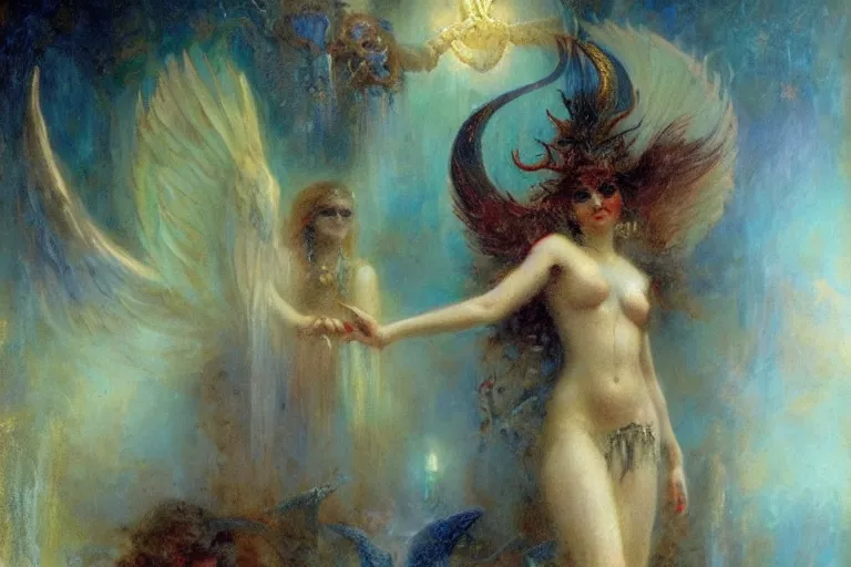 Image similar to portrait of the personification of the goddess of nightmares. art by gaston bussiere.