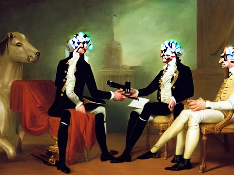 Prompt: a photo of George Washington being interviewed by Conan O’Brian passing a bong by Annie Leibovitz