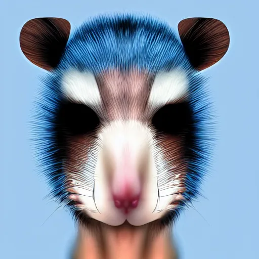 Prompt: anthropomorphic opossum with emo haircut wearing a blue hoodie, digital art