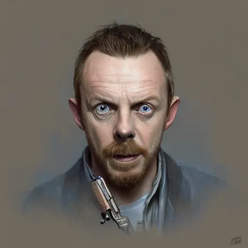 Image similar to portrait painting of simon pegg smiling like a winner with a winchester, ultra realistic, concept art, intricate details, eerie, highly detailed, photorealistic, octane render, 8 k, unreal engine. art by artgerm and greg rutkowski and alphonse mucha