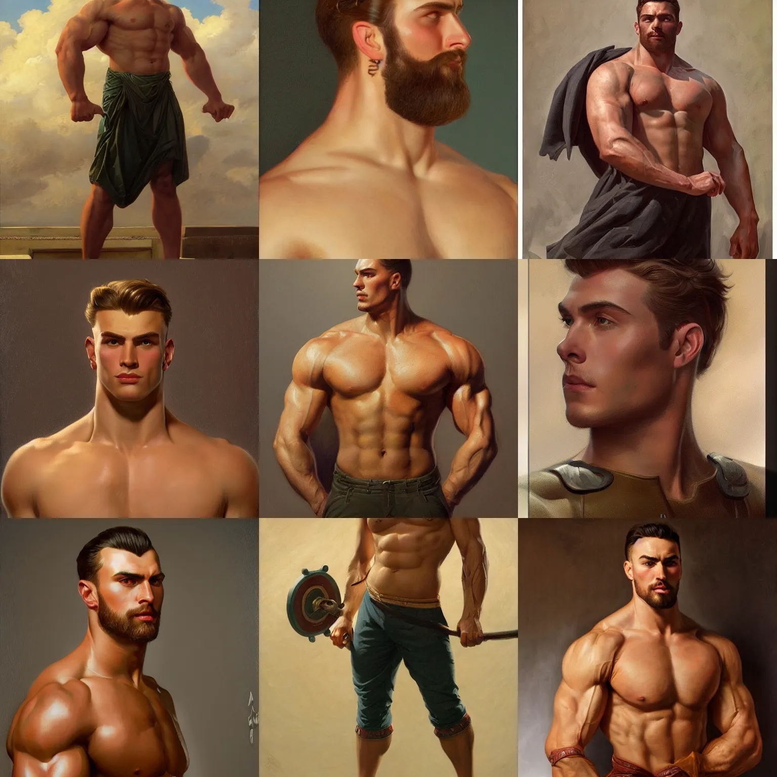 Prompt: the ultimate gigachad, incredibly muscular man with chiseled jawline, trending on /r/moreplatesmoredates, oil on canvas artstation by J. C. Leyendecker and Edmund Blair Leighton and Charlie Bowater octane render