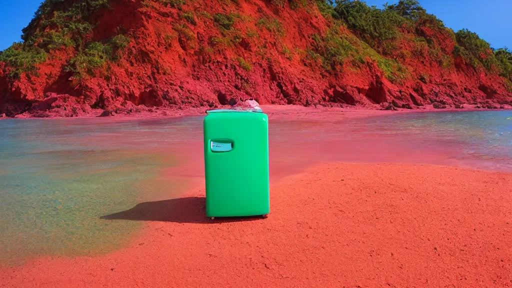 Image similar to purple refrigerator, red sand beach, green ocean, nebula sunset