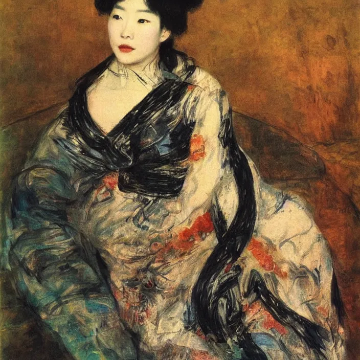 Image similar to abstract portrait of a hyperbeautiful korean woman by adolph menzel, carvaggio