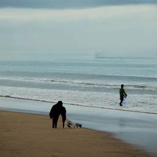 Prompt: World is Ending while man is walking dog on a beach