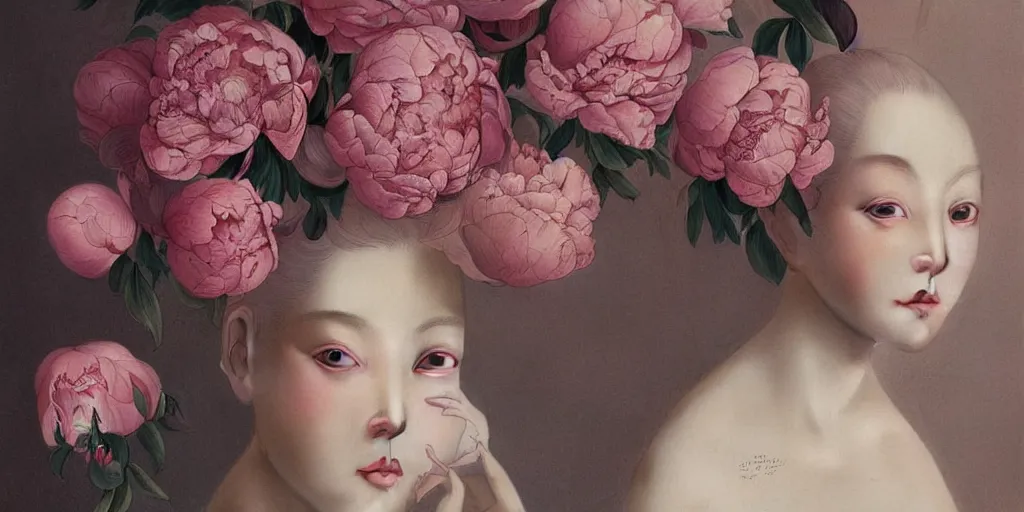 Prompt: breathtaking detailed concept art painting blend of few pink short hair goddesses of peonies flowers by hsiao - ron cheng with anxious piercing eyes, vintage illustration pattern with bizarre compositions blend of flowers and fruits and birds by beto val and john james audubon, exquisite detail, extremely moody lighting, 8 k