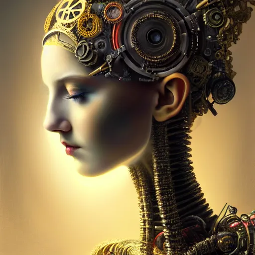 Image similar to portrait of the beautiful young robotic goddess of poppy, surreal, fantasy, intricate, mechanical, elegant, dramatic lighting, emotionally evoking symbolic metaphor, highly detailed, gears, lifelike, photorealistic, digital painting, painterly, artstation, concept art, smooth, head in focus, sharp focus, illustration, art by John Collier and Krenz Cushart and Artem Demura and Alphonse Mucha and Albert Aublet,