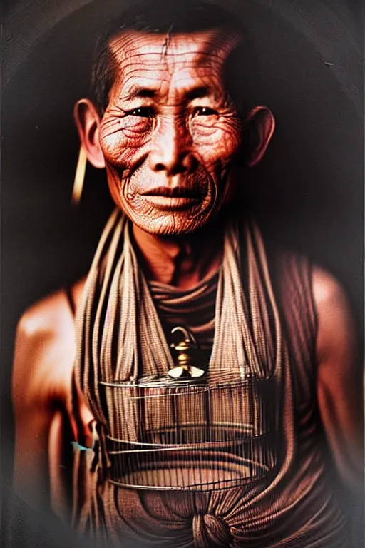 Image similar to ultra realistic vintage photo portrait of a tibetan man with a birdcage in the chest, by Annie Leibovitz,