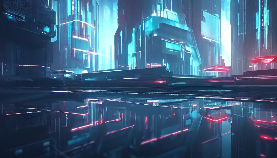 Image similar to concept art of a futuristic dark cyberpunk distopia with reflections, rendering in octane and redshift