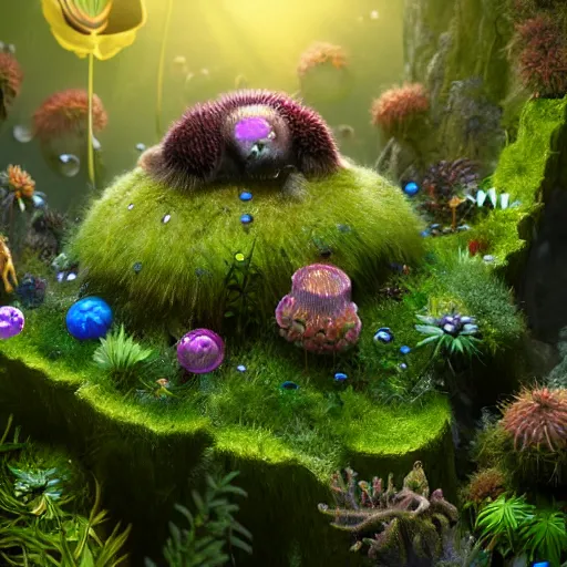 Prompt: tiny fur tower, vegetation, expressive eyes, floating, rbc, radiolaria, protophyta, micro - organisms, center frame, symmetric, rim light, marine microbiology, bioluminescence, electric, fur, soft, concept art, intricate details, highly detailed, colorful, photorealistic, disney pixar, octane render, iridescent, anime, 8 k