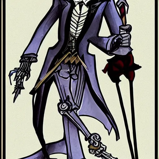 Image similar to DND character, skeleton, Tall skeletal figure, wearing a deep black suit and tie and top hat. golden cane in his right. Light blue flames envelop his whole body