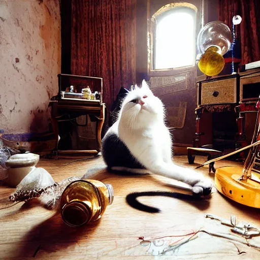 Image similar to a full body protrait beautifull witch with white hair in old room. A cristal ball on a wood table with a potions and old instruments. A cat on the floor licking his paw. photorealistic, profesional photo, by Steve McCurry