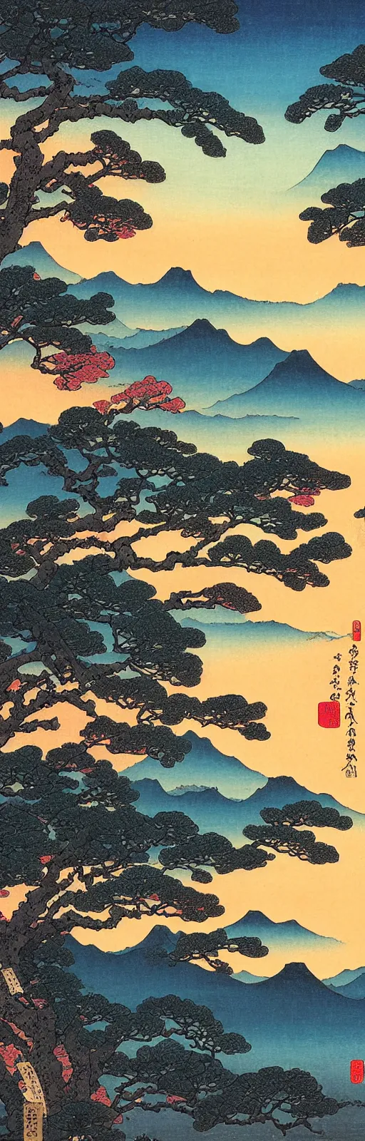 Prompt: masterful very colorful ukiyo - e on xuan paper by thomas kinkade and bob ross, interpretation of a beautiful landscape photography of zhangjiajie mountains, an intricate tree in the foreground, sunset, dramatic lighting by anselm adams and albrecht durer, chiaroscuro, shadow and light,